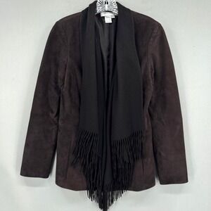 Worth Jacket Womens 2 Brown Suede Leather Cashmere Fringe Shawl Toggle Coat